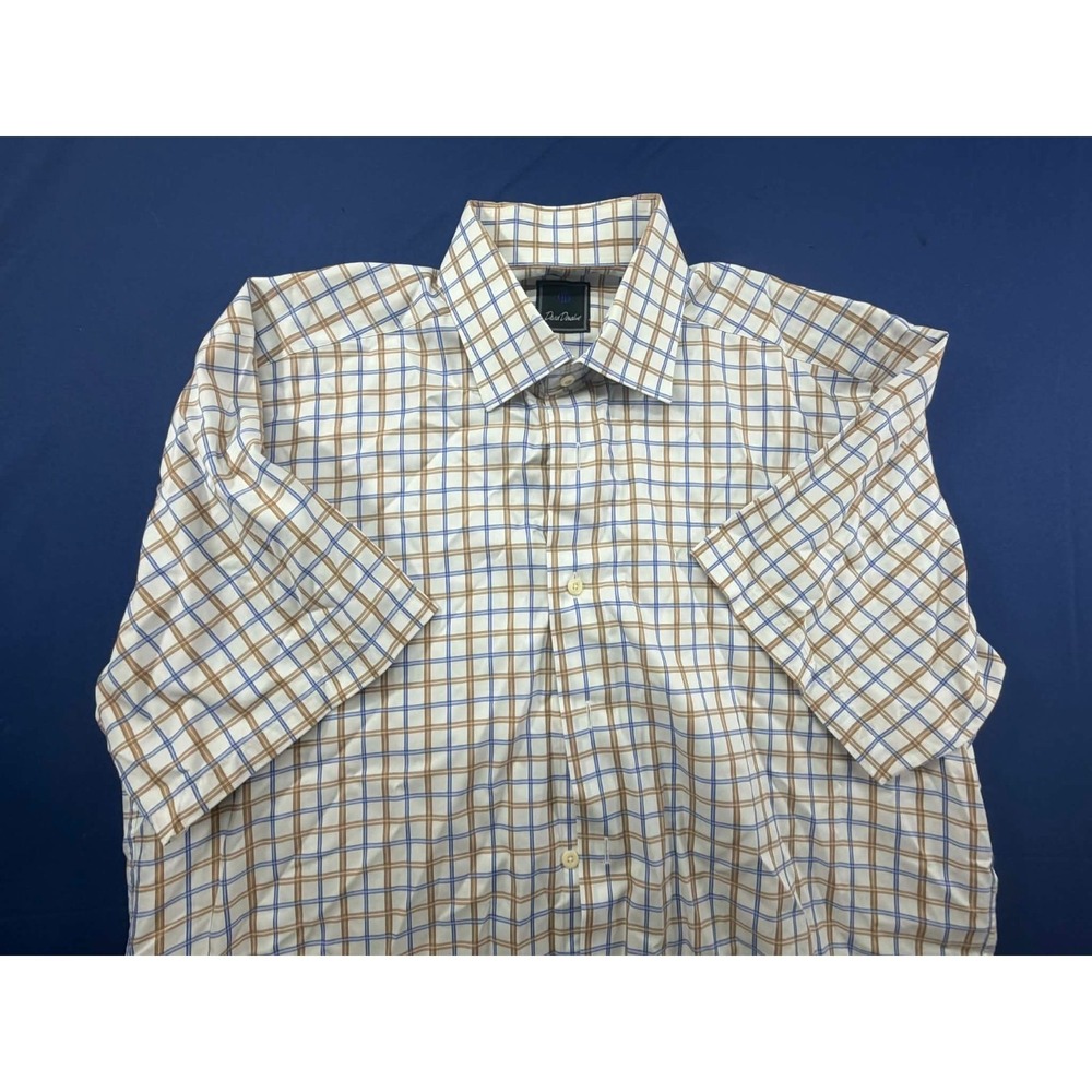 New David Donahue Short Sleeve Dress Shirt Plaid Size 16.5‎ White Brown Blue